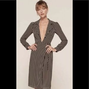 Reformation Black and White Striped Midi Wrap Dress